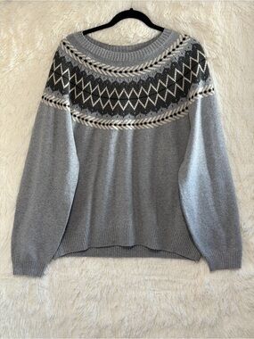 Weatherproof Vintage Womens Fair Isle Knit Sweater XL Grey Cabincore Granola